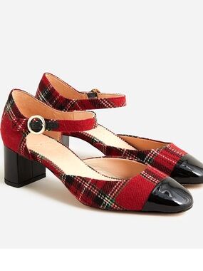 J. Crew Millie Ankle-Strap Heels in Good Tidings Deep Ruby Red Plaid-Women's 6.5
